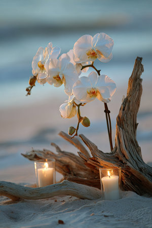 A close-up showcases delicate white orchids and two lit candles resting on driftwood. The warm glow of the candles contrasts with the soft background, hinting at a beach. The composition uses shallow depth of field. This imagery could be used for various commercial projects.の素材