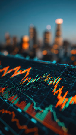 This image presents an abstract representation of financial data visualization. Bright lines and patterns overlay a blurred cityscape, evoking a sense of technology. The color palette combines cool and warm tones, enhancing the contrast between data and setting. Suitable for finance and business-related publications.の素材