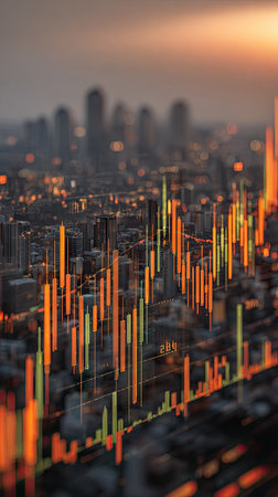 A digital illustration depicts a cityscape with overlaid financial trading data in orange and yellow hues. The urban environment features numerous buildings under a warm sunset sky. The image showcases data visualization and could be used for presentations or marketing materials.の素材