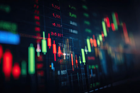 The image presents an abstract close-up of financial data, showing colorful candlestick charts. The composition features a dark background with vibrant green and red hues. The data suggests stock market activity. This visual is ideal for commercial and editorial applications related to finance, economics, or investment.の素材