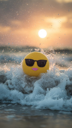 An emoji wearing sunglasses floats in ocean waves under an orange and yellow sunset. The image features a bright yellow emoji with black sunglasses and pink lips. The water creates a foamy texture, and the lighting suggests a warm, natural outdoor setting. Suitable for various digital design applications.の素材