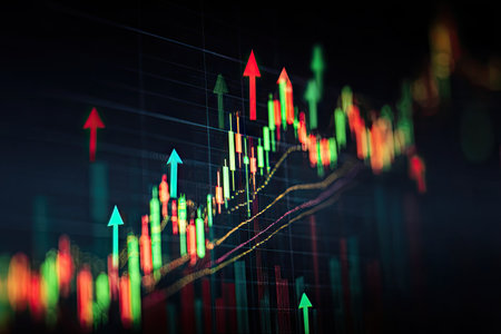 A colorful chart displays financial market data with arrows indicating trends. The image features a dark background with illuminated lines in green, red, and blue. The style is graphic and represents stock values. This visual could be used in financial reports and business publications.の素材