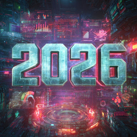 The image displays the bold numbers 2026 in a futuristic style. It features vibrant neon lighting with a digital aesthetic. The composition showcases a complex arrangement of digital elements, conveying a sense of advanced technology. The image could be used for various commercial or editorial projects related to technology or design.の素材