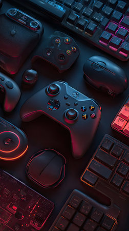 An assortment of gaming accessories is displayed on a dark surface. Controllers, keyboards, and computer mouse are the central focus. The arrangement is illuminated by a cool color palette of red and blue light, creating a technological atmosphere. The image might be used in various media related to gaming, hardware, or entertainment.の素材