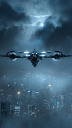 A futuristic aircraft is seen soaring above a cityscape under a cloudy night sky. The aircraft features a sleek design, while the buildings below are illuminated. The scene is dark with dramatic lighting, evoking a sense of advanced technology and aerial movement. Suitable for sci-fi themes and visual projects.の素材