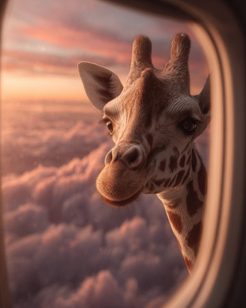 A giraffe looks out an airplane window, framed against a dramatic sunset. The image features a blend of warm and cool colors, with soft clouds filling the sky. The style is illustrative, emphasizing texture and detail. Suitable for various uses, including advertising, editorial, and social media.の素材