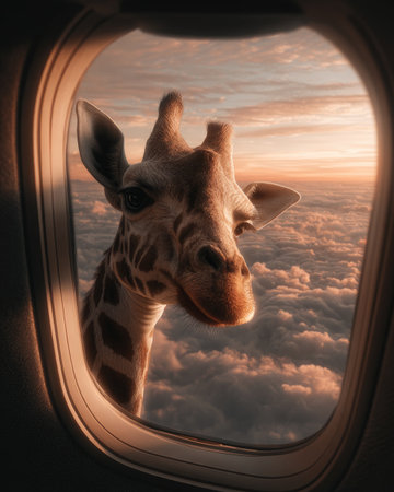 A giraffe's head peers out from an airplane window, gazing at a sunset above fluffy clouds. The composition emphasizes soft light and warm colors, creating a dreamy aesthetic. Suitable for illustrative projects and commercial visuals, this image conveys a sense of wonder and travel.の素材