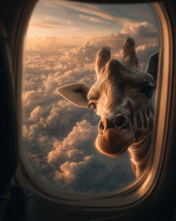 A giraffe's head peers from an airplane window, framed against a backdrop of fluffy clouds and a warm sunset. The image uses digital art, soft focus, and a natural color palette. The composition suggests travel and wonder. Suitable for illustrative purposes, advertising, or editorial content.の素材