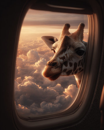 A giraffe peers through an airplane window, offering a surreal visual. The image presents the animal against a backdrop of fluffy white clouds, lit by warm sunset hues. The composition uses a shallow depth of field, with soft lighting and a focus on the giraffe's head, suitable for imaginative or conceptual uses.の素材