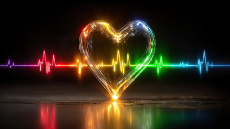 A digitally created image showcases a heart shape glowing with vibrant colors, accompanied by a heartbeat line. The artwork uses a dark background, creating a contrast with the bright, neon-like colors. This design could be suitable for various applications, including healthcare-related themes or abstract design projects.の素材