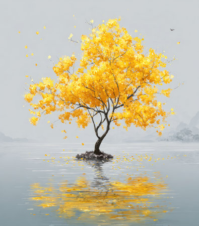 A digitally rendered artwork features a solitary tree with vibrant yellow foliage situated on a small island within calm water. The composition highlights the tree's reflection, set against a gray sky with soft lighting. It suggests a tranquil environment suitable for various design and commercial purposes, evoking calm and peace.の素材