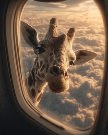 A giraffe peers through an airplane window, its patterned coat contrasting with the soft clouds. The image features warm lighting and a shallow depth of field. The composition might be used for various creative projects, including advertising and editorial content, to convey unique perspectives and visual storytelling.の素材