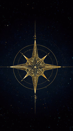 This illustration features a detailed golden compass rose set against a deep blue backdrop. The design showcases intricate lines and points, suggesting navigation and direction. The artwork uses contrasting colors and a symmetrical composition. This image could be used in various commercial or editorial contexts.の素材