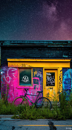 A vibrant image showcasing a bicycle parked outside a building covered in graffiti. The building features bright pink and yellow paint, contrasting with the dark exterior and a starry night sky. The composition and lighting suggest a possible urban setting. Suitable for various commercial and editorial applications.の素材