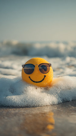 A cheerful yellow character with sunglasses is seen floating in foamy water, possibly at a beach. The scene showcases bright colors and a soft, diffused lighting suggesting a daytime environment. This image could be used for promotional materials, web content, or to convey happiness.の素材