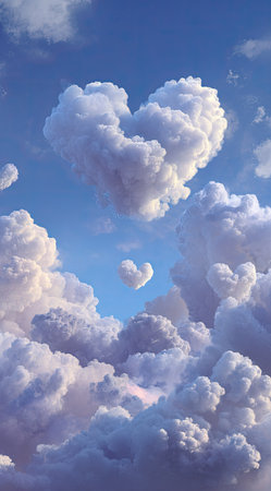 The image showcases heart-shaped cloud formations against a backdrop of a vibrant blue sky. The composition presents soft textures and diffused lighting, enhancing the romantic and whimsical atmosphere. It could be utilized for various visual projects that require themes of love, nature, or dreamy scenarios, suitable for a range of editorial and commercial applications.の素材