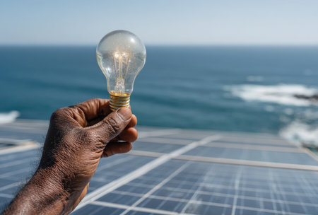 A hand holds a light bulb against a backdrop of solar panels and the ocean. The image displays bright, clear daylight and features a close-up view with sharp focus. The composition suggests concepts of renewable energy and innovation. It may be suitable for illustrating articles or advertisements.の素材