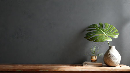 A studio shot displays a large green leaf plant set in a decorative vase placed on a wooden table. The plant is contrasted against a dark gray wall. Sunlight casts shadows creating texture. It could be used for product displays, background elements, or interior design projects.の素材