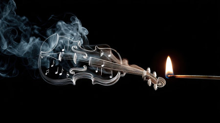 An artistic composition features a violin shape formed by smoke against a black backdrop. A lit match nears the structure. The image displays intricate details and visual contrast, focusing on the violin's form. Suitable for creative projects, advertising, or editorial content.の素材