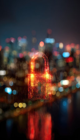 This image showcases a glowing padlock superimposed over a cityscape at night, suggesting security and data protection concepts. The visual features include a soft focus, bokeh effect, and vibrant color palette. The composition and lighting imply a digital or technological context. It can be used for visual communication related to privacy or network security.の素材