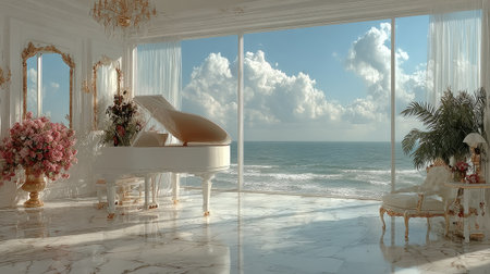 An interior scene presents a white piano positioned near a large window overlooking an ocean. The room features a glossy floor, floral arrangements, and decorative furnishings. Soft lighting and a bright sky create a serene atmosphere. This image is suitable for illustrating luxury, leisure, and artistic themes.の素材