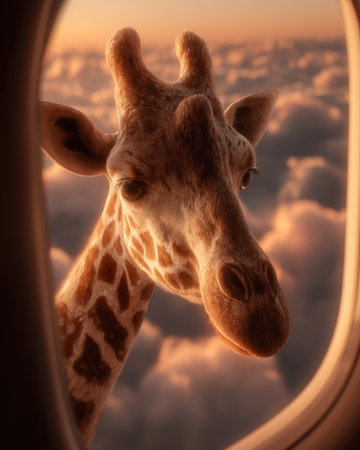 A giraffe's head appears in an airplane window, set against a backdrop of a sunset-lit cloudscape. The image showcases warm colors, soft textures, and an illustrative style. The composition suggests an outdoor setting, possibly during a flight. This image can be used for various commercial and editorial purposes.の素材