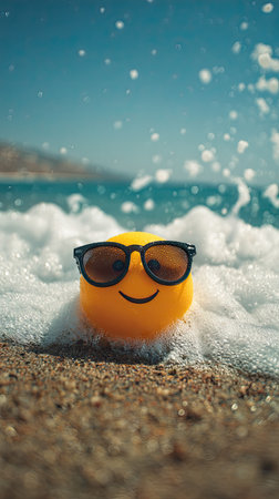An emoji wearing sunglasses rests on a sandy beach, with ocean waves crashing around. The image presents a vibrant yellow emoji against a backdrop of blue water and sky, with bright sunlight illuminating the scene. It could be used for promotional materials related to travel, vacation, or leisure.の素材
