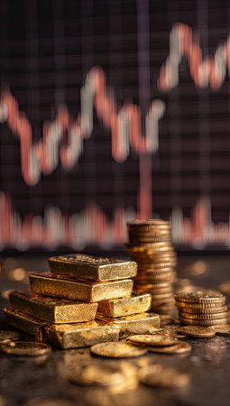 Stacks of gold bars and coins are displayed in the foreground, reflecting wealth and value. A blurred financial chart provides a contextual background, with warm lighting enhancing the scene's overall aesthetic. This image could be used in financial publications or business presentations for various commercial applications.の素材