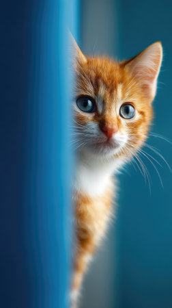 A small, ginger kitten with blue eyes peers from behind a blurred blue vertical surface. The image showcases the kitten's fur texture, with soft lighting emphasizing its features. The composition is simple, likely taken indoors with potential for various uses, including advertising and website content.の素材