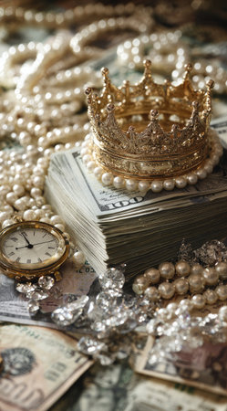 A golden crown rests atop a stack of money, surrounded by strings of pearls and a vintage pocket watch. The image showcases a soft, warm lighting on a detailed arrangement. This composition could be used for a variety of projects emphasizing wealth and luxury.の素材