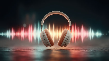 An illustration depicts a pair of headphones suspended against a backdrop of a colorful sound wave. The design incorporates soft lighting and textures creating a sense of depth. The image is suitable for applications in music, sound design, and multimedia projects. The composition would be useful for creative content.の素材