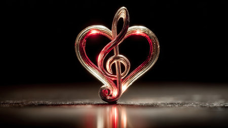 A close-up image showcases a heart-shaped musical note symbol. The artwork features a metallic texture and a warm, reddish glow emanating from within. The composition is centered against a blurred, dark background, hinting at a studio setting, and could be suitable for various design or artistic projects.の素材