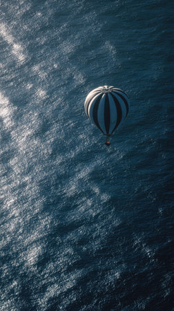 A hot air balloon ascends above a textured surface, likely water, bathed in sunlight. The image showcases a high-angle perspective with dramatic shadows. This aerial view suggests a sense of freedom and adventure, ideal for various commercial projects such as travel or promotional campaigns.の素材