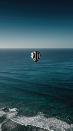 A hot air balloon, featuring a striped pattern, floats above a vast expanse of ocean. The image showcases shades of blue, depicting the sky and water. The composition suggests a day setting, with the balloon as the central focus. This visual could be used in travel, adventure, and design projects.の素材