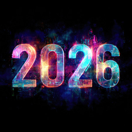 Digitally rendered image presents the year 2026 in vibrant, glowing colors. The numbers are rendered with a textured, multi-colored effect, set against a deep black background. The composition uses bright highlights, suggesting a futuristic or conceptual theme. The image is suitable for diverse editorial and commercial applications.の素材