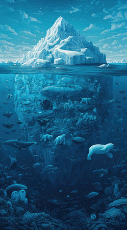 An artistic illustration depicts an iceberg with visible underwater environment. Marine animals and polar bears populate the submerged world. The composition features a cool color palette dominated by blues and whites, with digital painting techniques. Suitable for educational materials, environmental campaigns, and conceptual designs.の素材