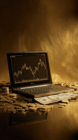 A laptop screen showcases financial analysis, positioned amidst scattered coins and currency notes on a reflective golden surface. The image utilizes warm lighting to create a rich atmosphere. It could be used for various commercial purposes, particularly related to finance and business.の素材
