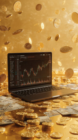 A laptop computer displays stock market charts, set among scattered coins and banknotes. The scene is bathed in a golden hue, suggesting wealth. The composition utilizes overhead lighting. This image is suitable for various commercial applications relating to finance or investments.の素材