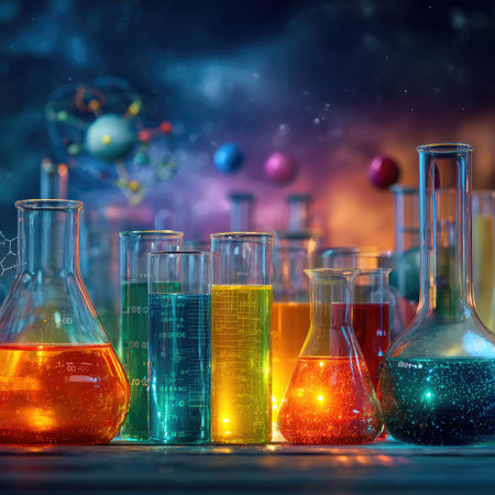 This image displays various laboratory glassware filled with vibrant, multicolored liquids. The composition features a close-up of the glassware against a blurred background. The lighting appears focused, enhancing the visual appeal of the liquids and equipment. It is suitable for various scientific, educational, or commercial purposes.の素材
