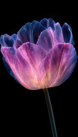 A single tulip flower is showcased with its petals exhibiting a translucent quality, revealing internal structure. The flower presents shades of purple and pink, complemented by a darker stem against a black background. The lighting highlights the delicate textures and creates a striking contrast suitable for various commercial and editorial applications.の素材