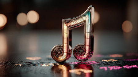 A detailed, metallic music note stands centered, reflecting warm light. The object presents a three-dimensional effect with textures and gradients. Blurry, circular highlights form the background, while the surface appears textured. This image could be used for commercial projects related to music, design, or digital content.の素材