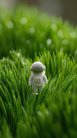 A small astronaut figurine is positioned amidst lush, verdant blades of grass. The composition features a shallow depth of field, emphasizing the miniature figure and the texture of the grass. The lighting appears soft and natural, creating a bright, cheerful atmosphere. This image could be used in various creative and commercial projects.の素材