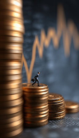A miniature figure of a businessman stands atop a stack of coins, set against a blurred backdrop featuring financial charts. The image showcases a composition of gold coins, with soft lighting. This visual could be used in commercial or editorial content focused on finances, economics, or investment strategies.の素材