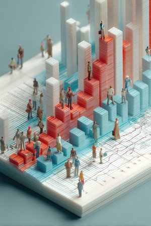 Miniature figures populate a stylized bar graph rendered in red, white, and blue. The composition features a close-up view with soft lighting, suggesting a conceptual environment. This image is suitable for illustrating themes related to data analysis, business performance, or market trends, and can be used in various commercial contexts.の素材