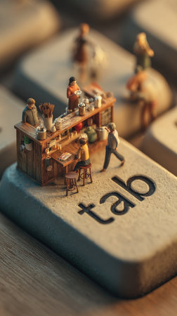 A whimsical miniature cafe scene is displayed on a computer key, featuring small figures engaged in various activities. The image showcases warm tones with a shallow depth of field. The lighting suggests an indoor setting, possibly for conceptual or illustrative purposes. The composition could be used for editorial designs or commercial applications.の素材