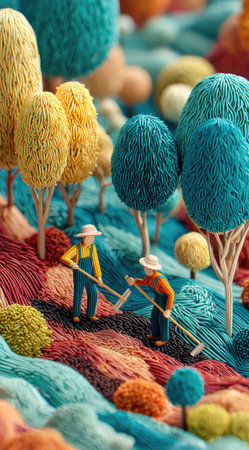 Two miniature figures tend to a vibrant landscape filled with stylized trees and textured ground. The artwork features a vivid palette of blues, yellows, and oranges. The scene evokes a playful, imaginative setting, potentially suitable for various illustrative projects and design applications.の素材