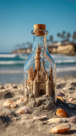 A detailed sand castle resides within a transparent glass bottle. The composition features a sunny day setting with a sandy foreground and the ocean in the background. The scene utilizes a shallow depth of field to highlight the bottle. Suitable for use in commercial projects, representing concepts of imagination.の素材