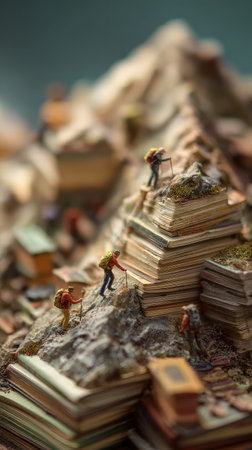 Miniature figures are shown climbing a mountain constructed from stacked paper, suggesting challenge and accomplishment. The image features warm tones, a shallow depth of field, and detailed textures. This conceptual artwork conveys themes of perseverance, achievement, and overcoming obstacles. Suitable for editorial, educational, and promotional uses.の素材