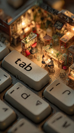 An imaginative composition features miniature buildings illuminated by warm light, set among keyboard keys. The scene showcases a creative arrangement with depth of field, focusing on the 'tab' key. The close-up style highlights textures and tones, perfect for illustrative or conceptual uses. The warm lighting suggests an indoor setting.の素材