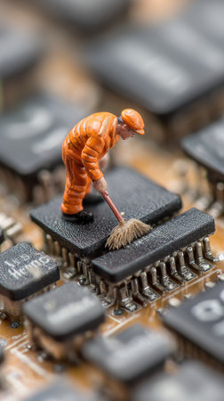 A miniature figure in orange overalls sweeps a circuit board, representing data maintenance. The composition features a close-up perspective, emphasizing the complex details of the electronic components. Warm lighting highlights the textures and colors, suggesting a concept of digital care and data security. Suitable for illustrations in technology and innovation contexts.の素材